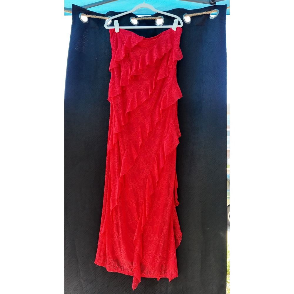 Red Floral Lace Strapless Ruffle Tiered Maxi Dress Formal Evening Gown